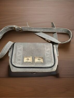TM  vintage grey suede Crossbody Bag with silver Accents and embossed